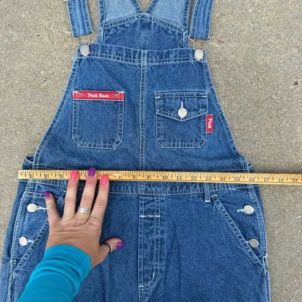 Vintage 90s Y2K Pooh Logo Image Denim Jean Shortalls Overalls Multi Pocket SMALL